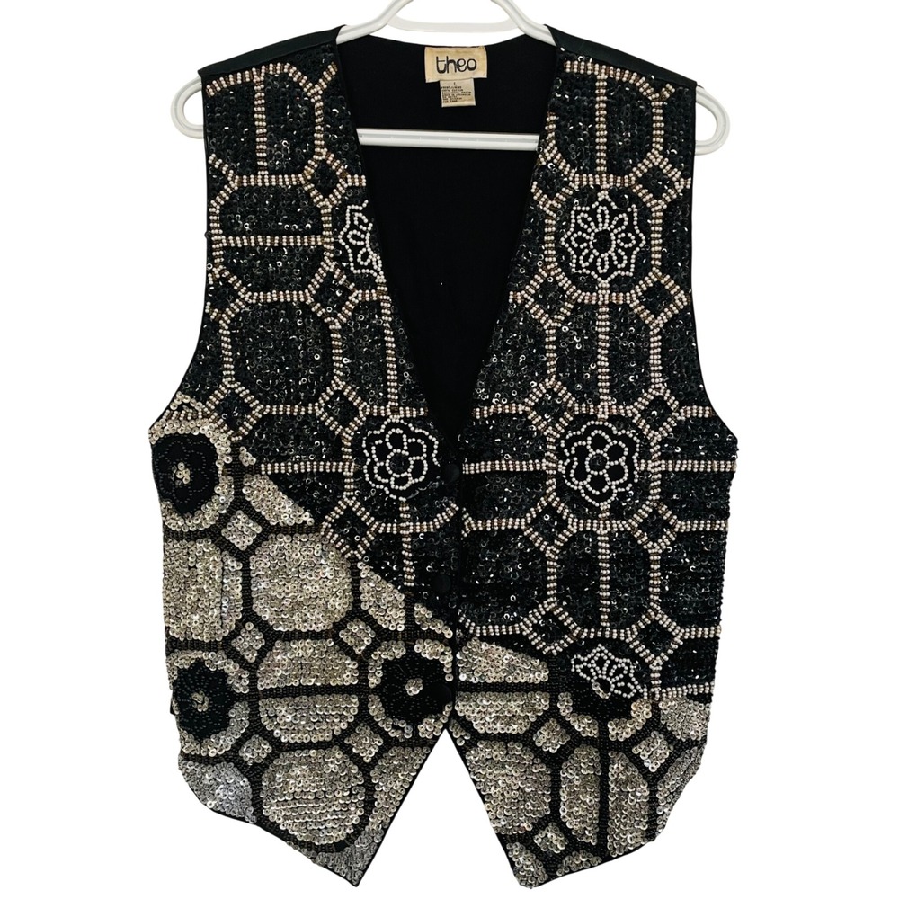 Vtg‎ Theo Beaded Sequin Black Silver Geometric Floral Statement Vest Holiday LG